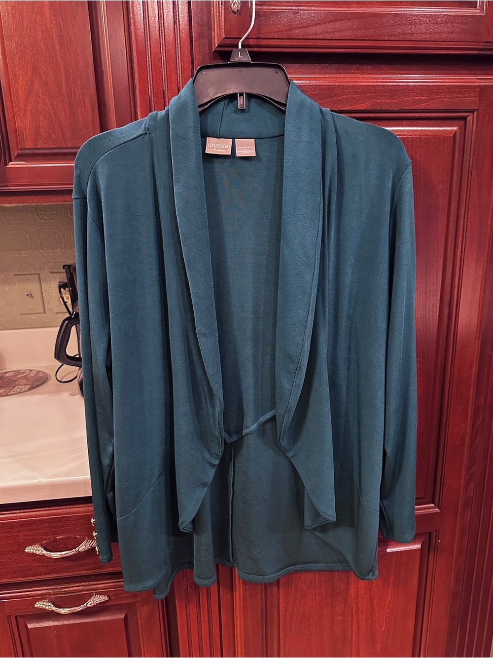 Chico's Travelers 12/14 Teal Draped Open-Front Women's Cardigan